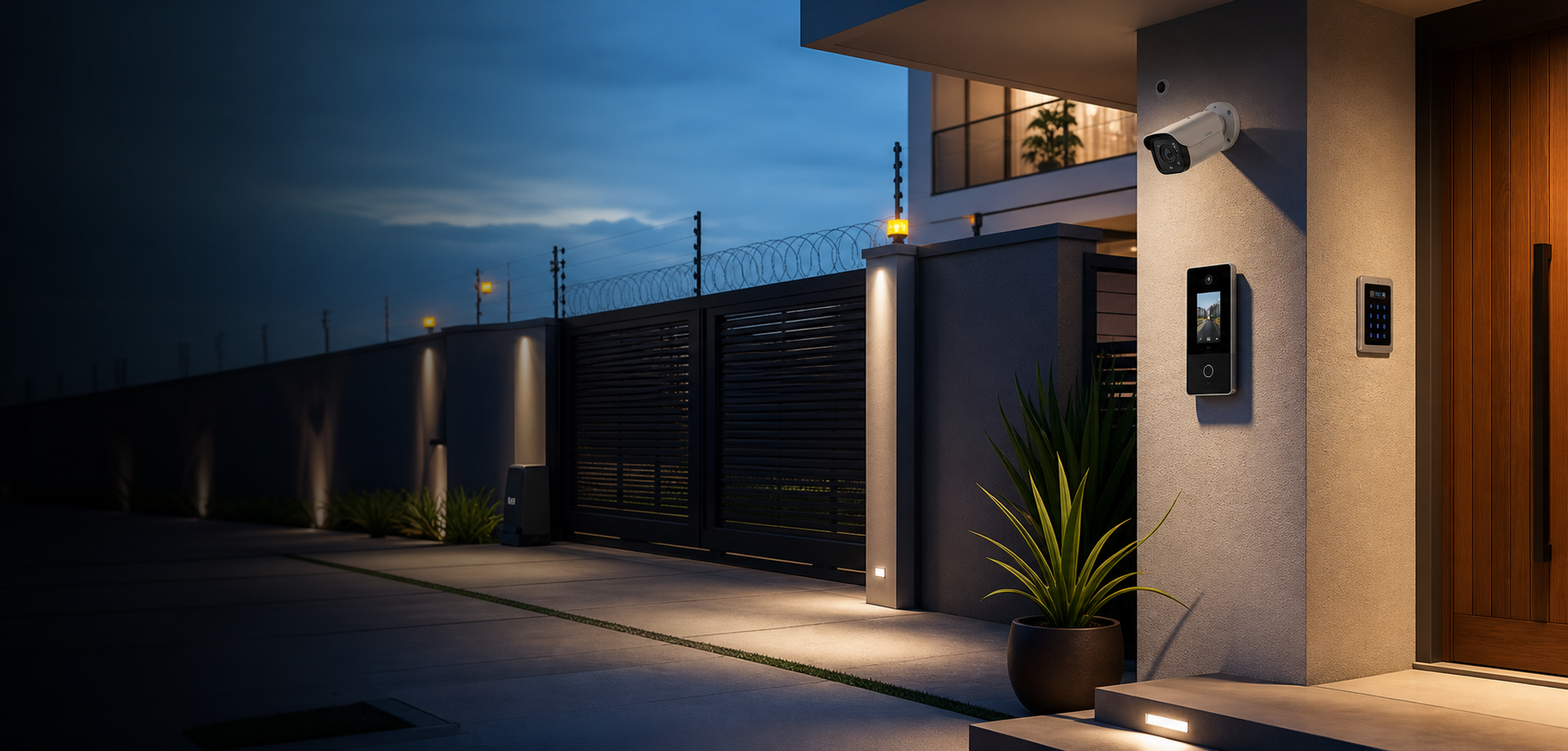 Casa moderna com câmera de segurança, interfone, portão eletrônico e proteção perimetral